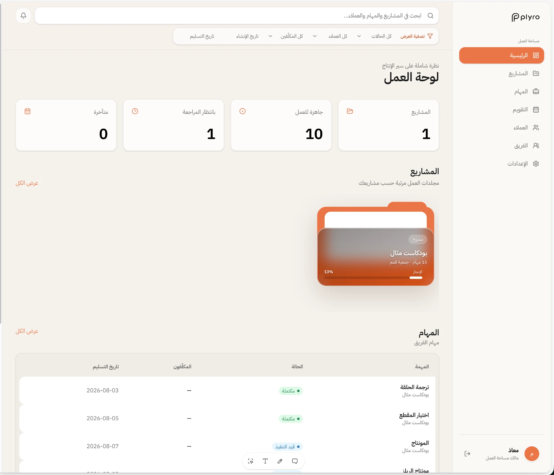 لوحة عمل Plyro تعرض المشاريع والمهام وحالاتها